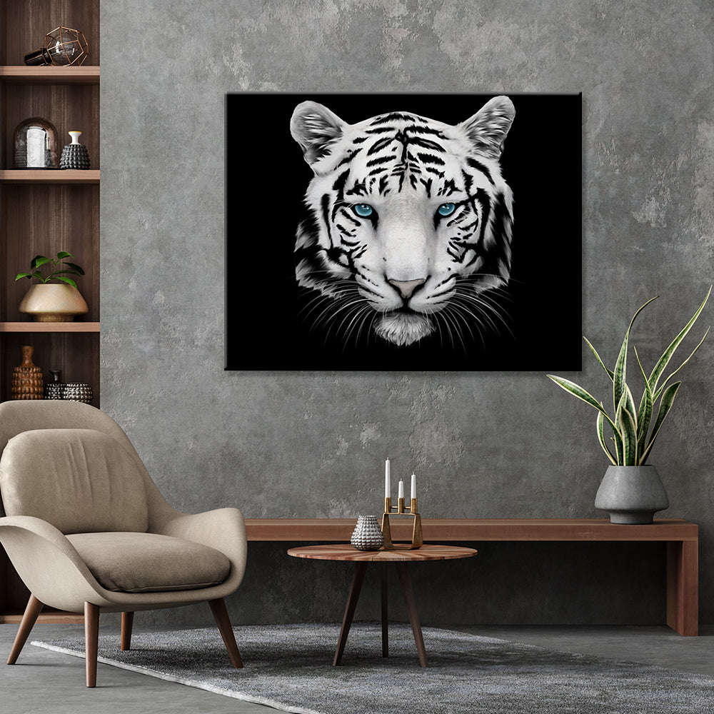 Tableau Tigre Noir et Blanc au yeux bleus