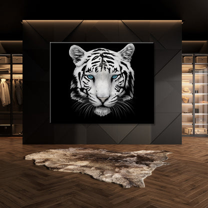 Tableau Tigre Noir et Blanc au yeux bleus