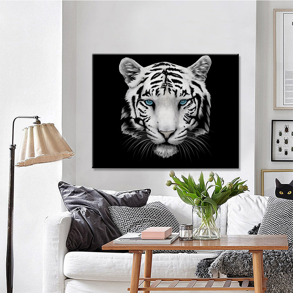 Tableau Tigre Noir et Blanc au yeux bleus