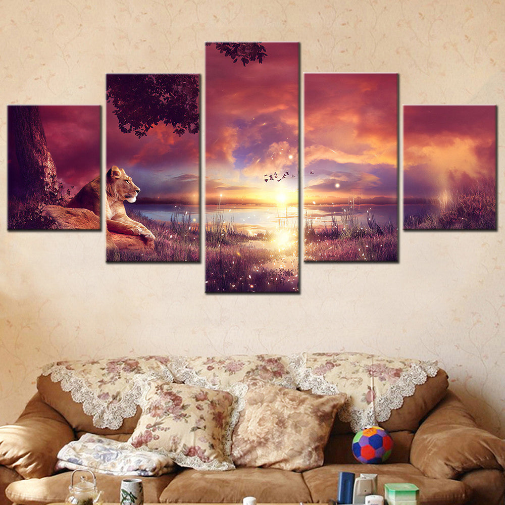 Tableaux Paysage Couché de soleil & Lion - 5 Pièces - Home sweet - 5, animaux, paysage