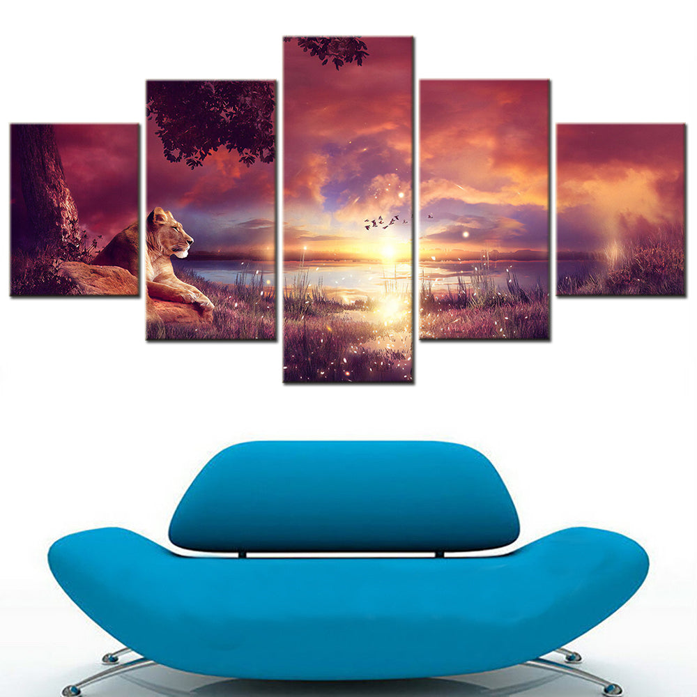 Tableaux Paysage Couché de soleil & Lion - 5 Pièces - Home sweet - 5, animaux, paysage